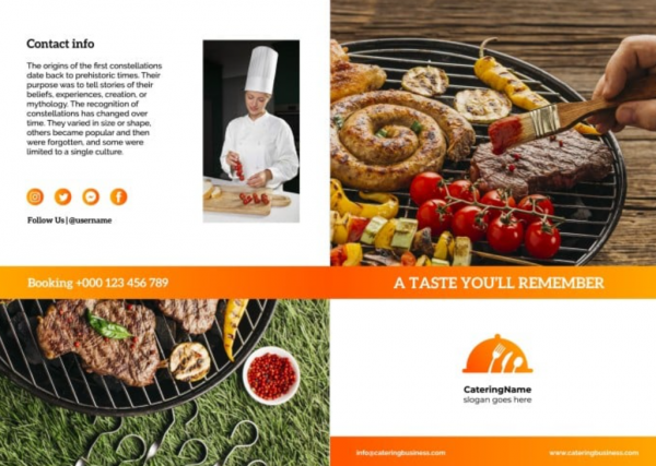 Desain brosur katering dengan tema makanan internasional